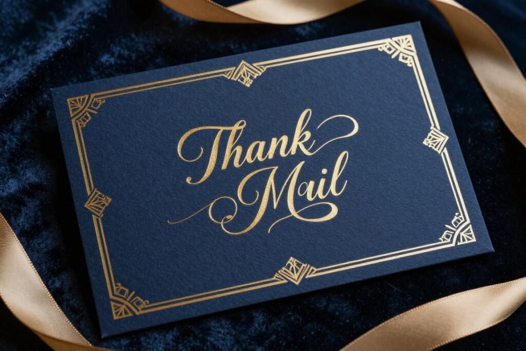 luxurious monogrammed wedding thank you card with gold foil stamping on navy cardstock