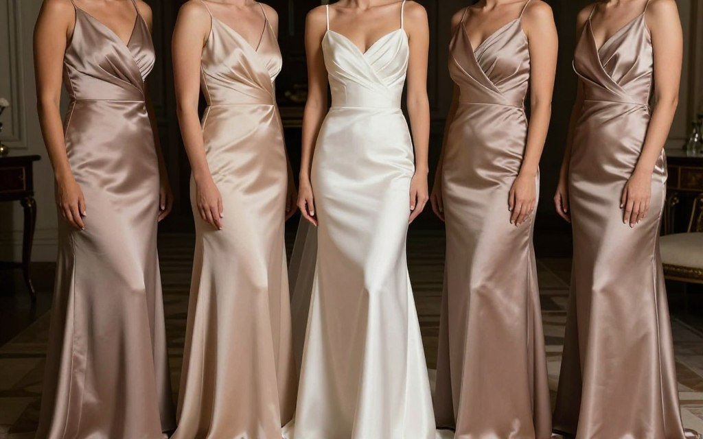 luxurious satin neutral bridesmaid dresses with elegant sheen at formal wedding