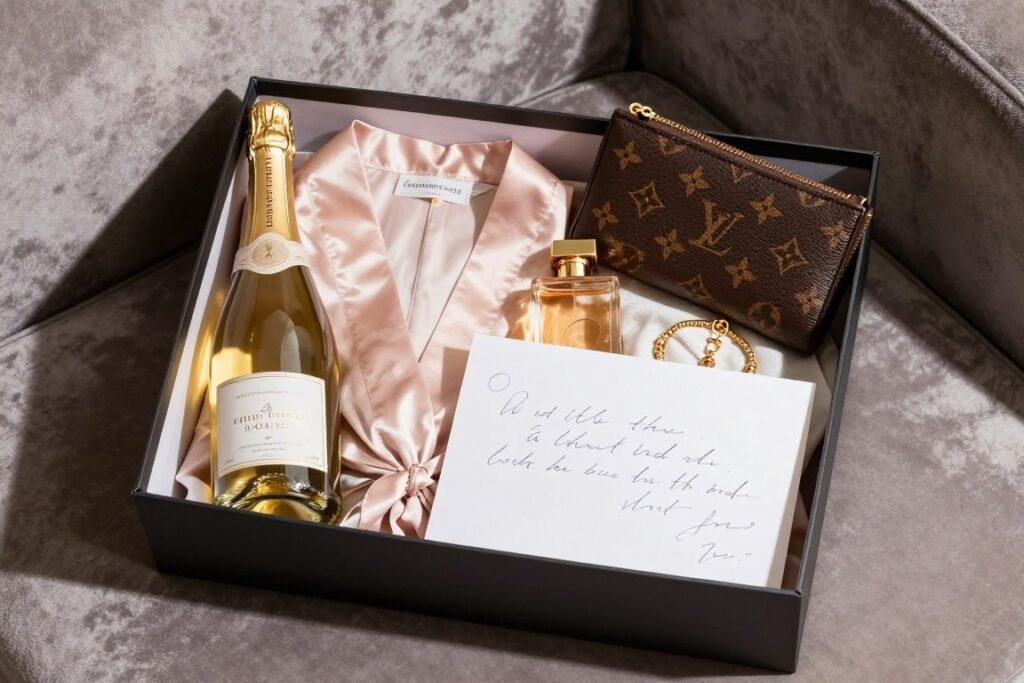 luxury bridesmaid proposal box with champagne and silk robe