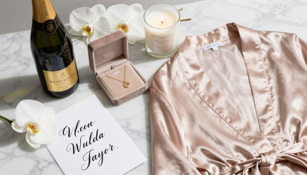 luxury bridesmaid proposal with designer accessories and champagne