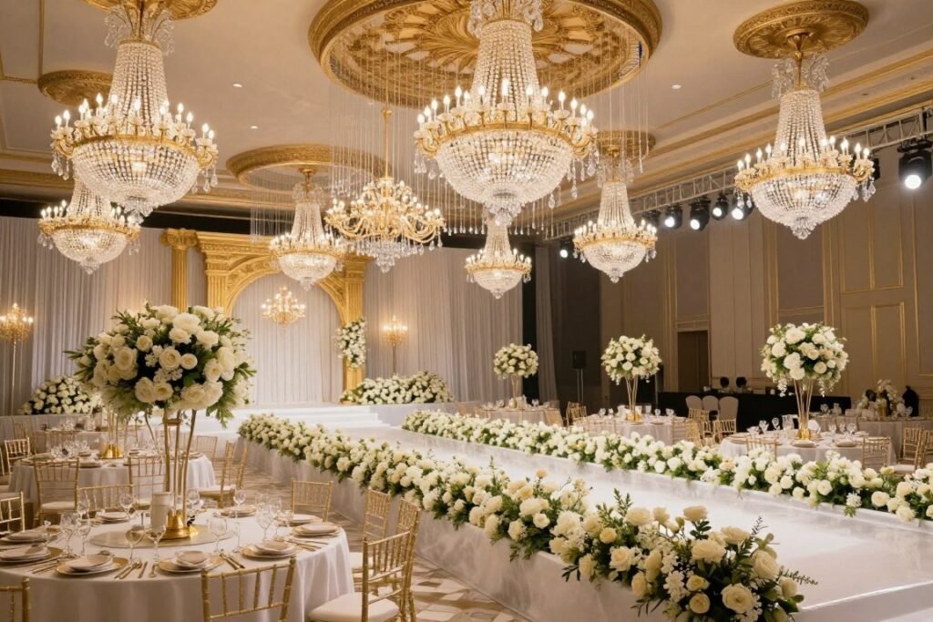 luxury glamorous wedding theme with crystal and gold
