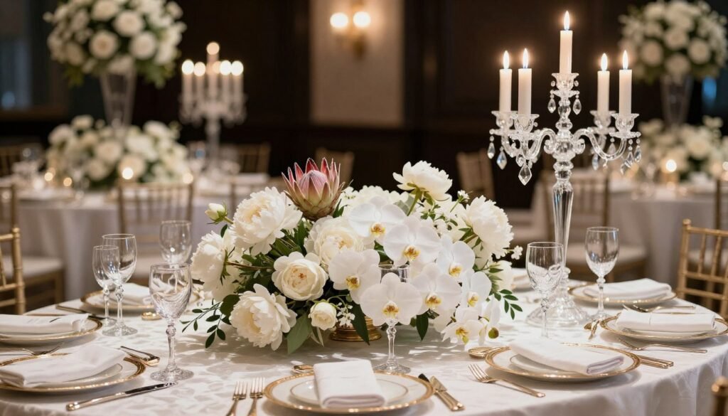 luxury high-end wedding table with premium floral arrangements