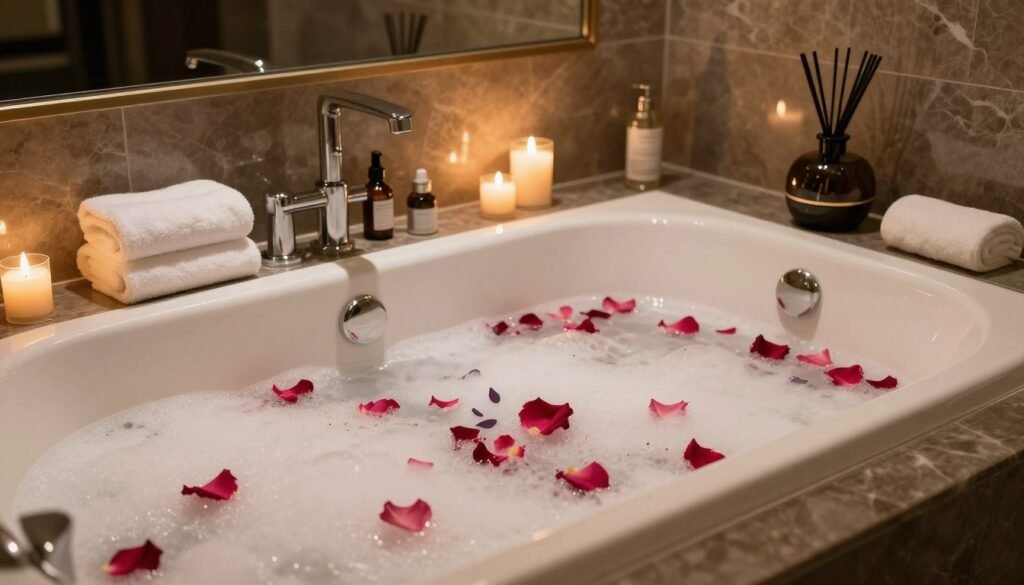 luxury home spa setup with rose petals bath and candles