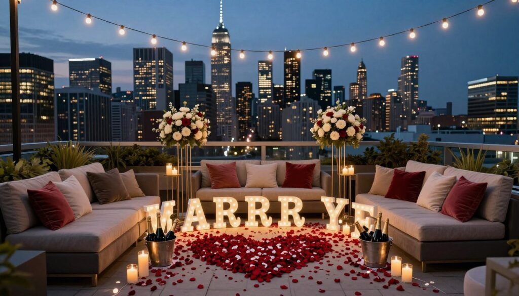 luxury rooftop proposal aesthetic with city skyline