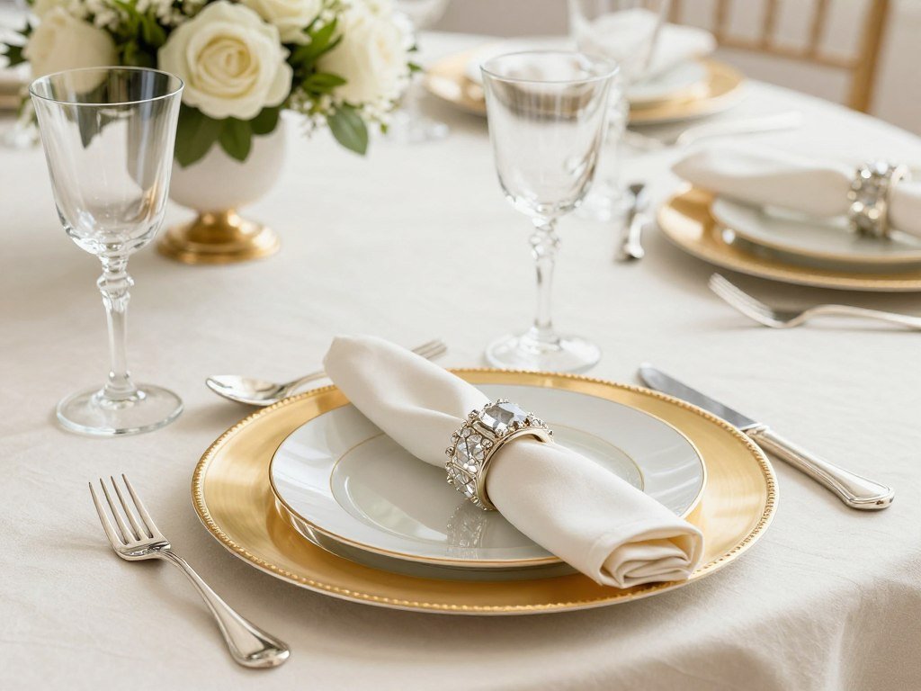 luxury wedding table place setting with fine china and crystal