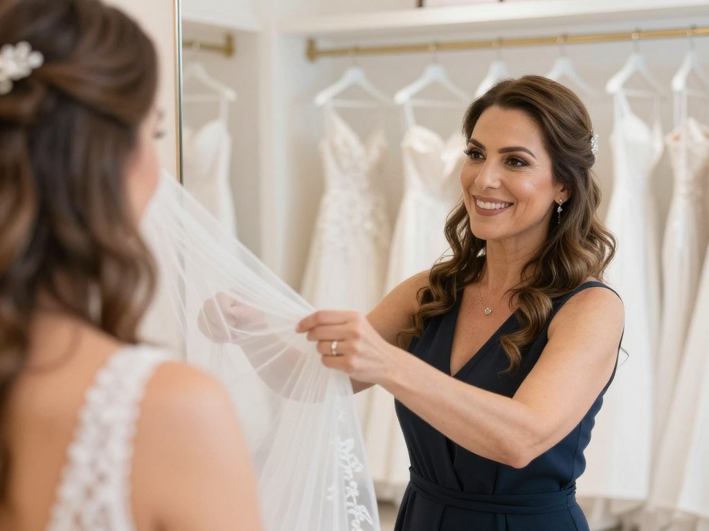 madrina helping bride with wedding preparations