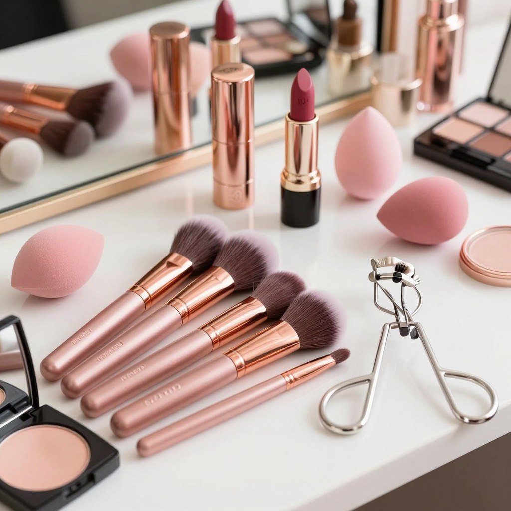 makeup products and beauty tools in rose gold bridesmaid gift box