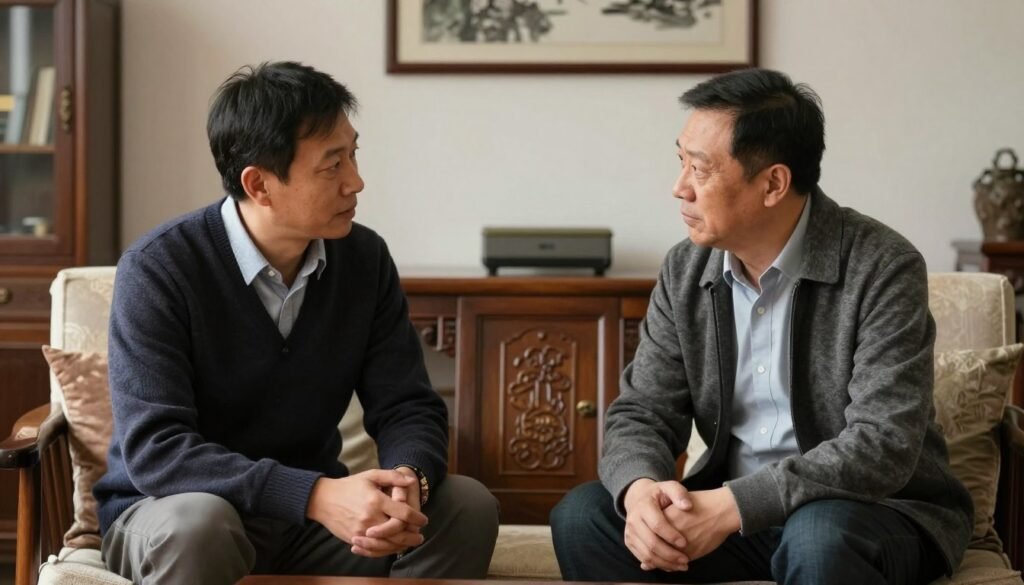 man having serious conversation with father