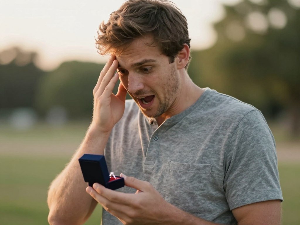 man nervously checking engagement ring before proposal