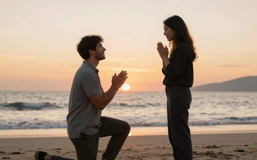 man proposing on beach speaking to partner