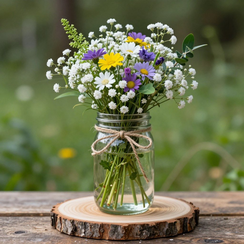 mason jar centerpiece with wildflowers