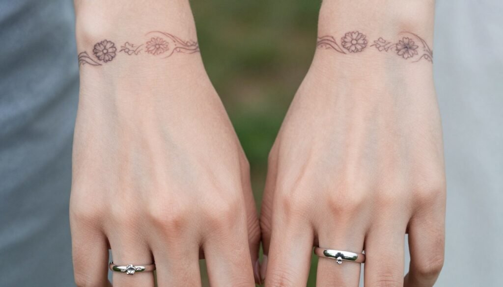 matching wedding ring tattoos for couples showing coordinated designs on both partners
