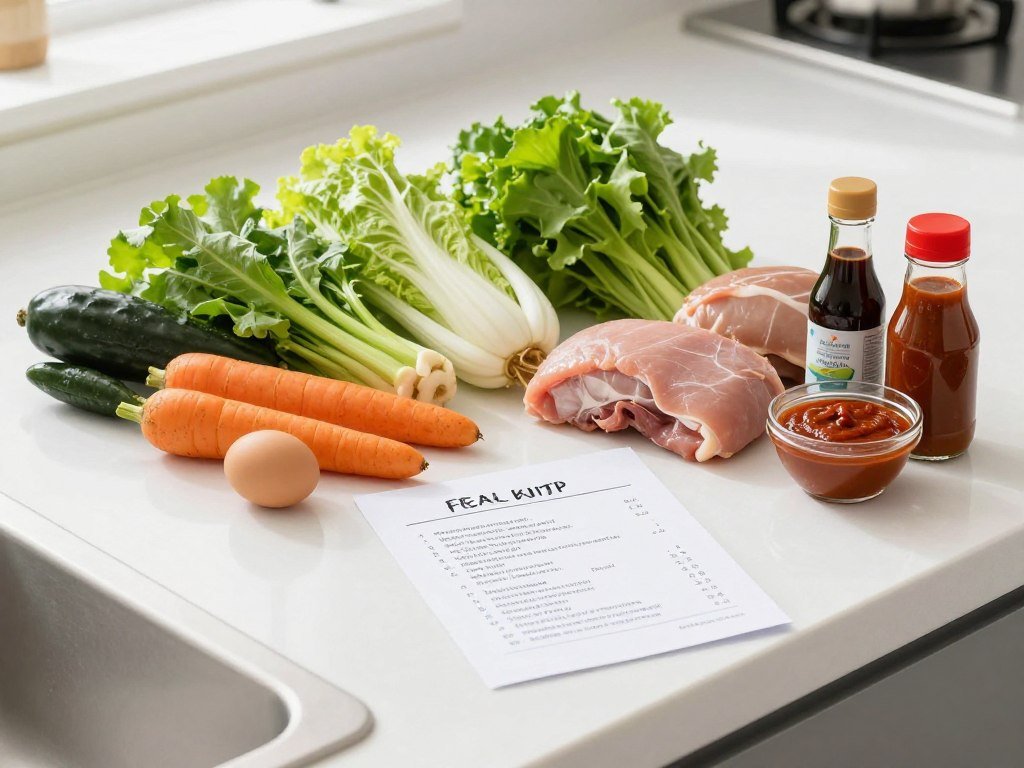meal kit ingredients and recipe card laid out on kitchen counter