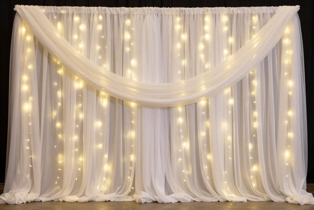 memorial backdrop with draped fabric and lights