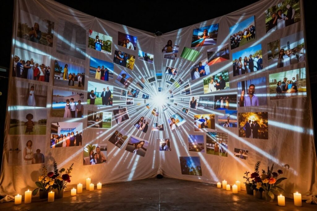 memorial display with projected photos on backdrop