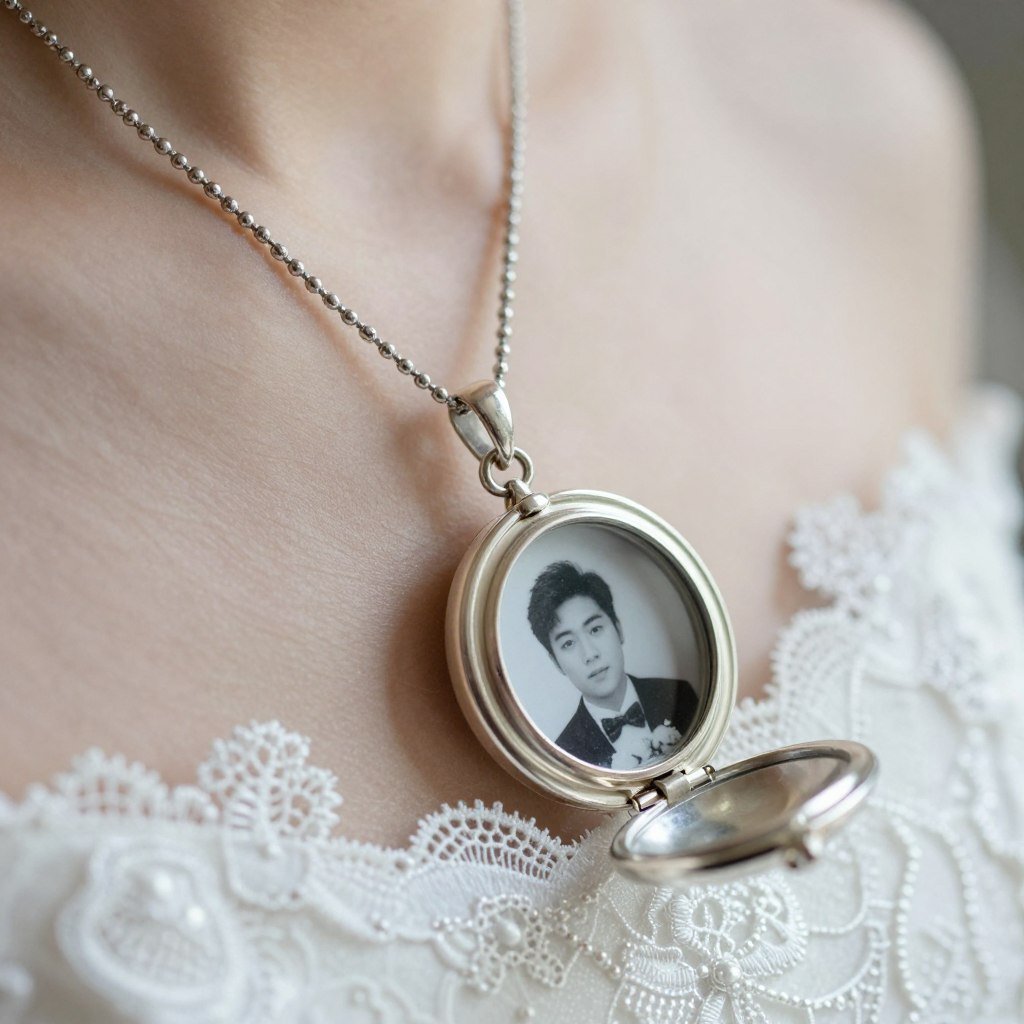 memorial locket with photo worn by bride