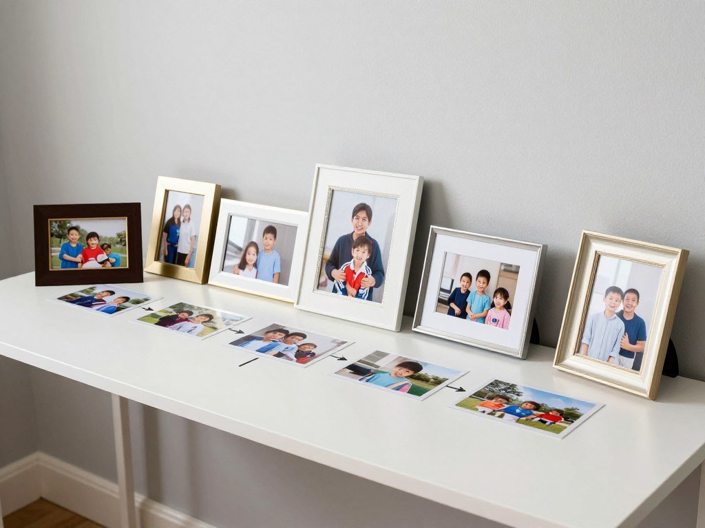 memorial table with chronological photo timeline display