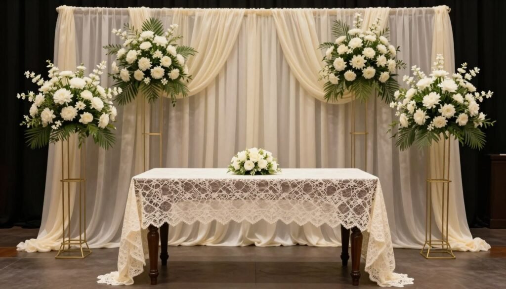 memorial table with elegant table linen and backdrop