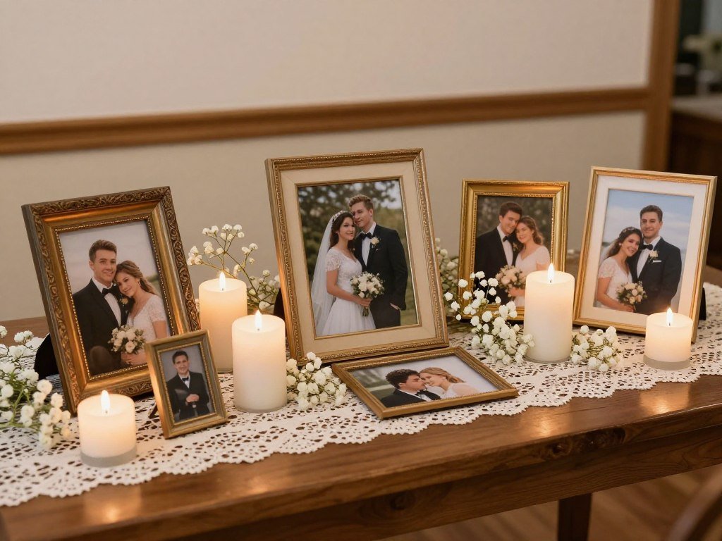 memorial table with framed photos and candles at wedding