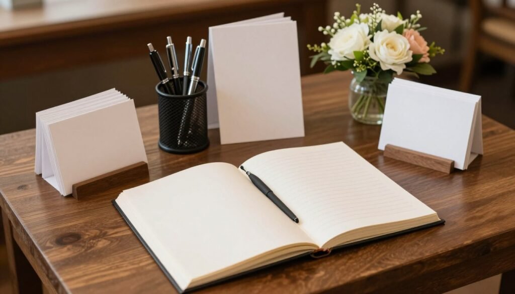 memorial table with guest book and writing station