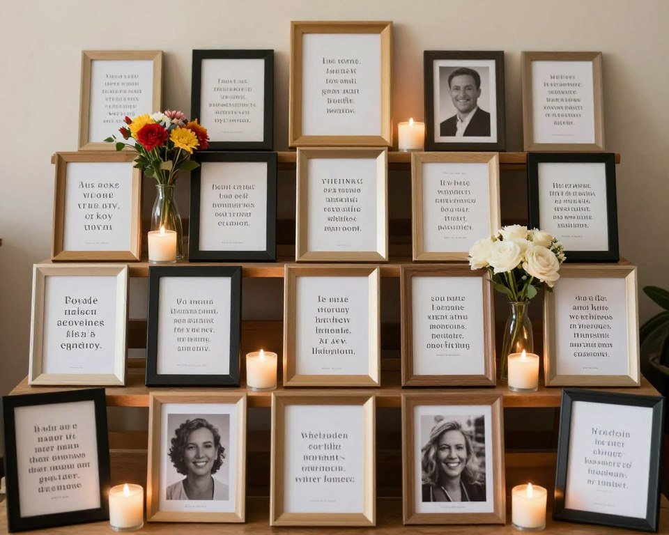 memorial table with multiple quote cards displayed