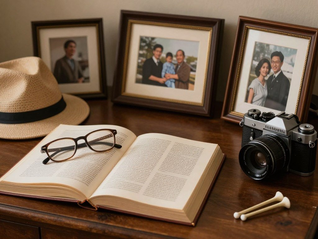 memorial table with personal belongings and hobby items