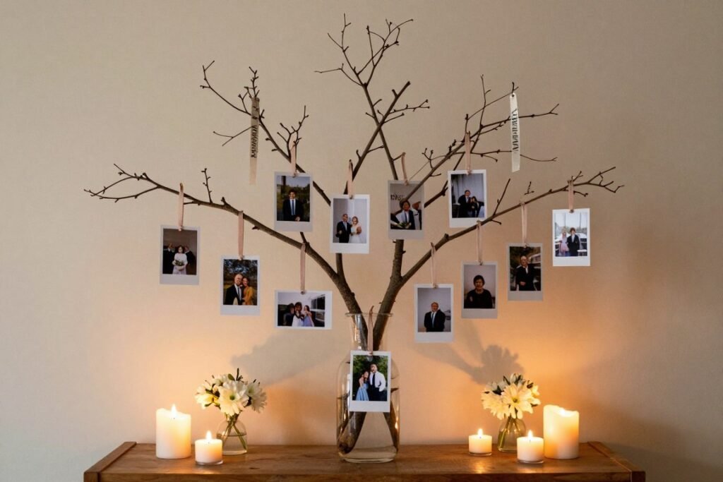 memorial table with photo tree display and hanging pictures