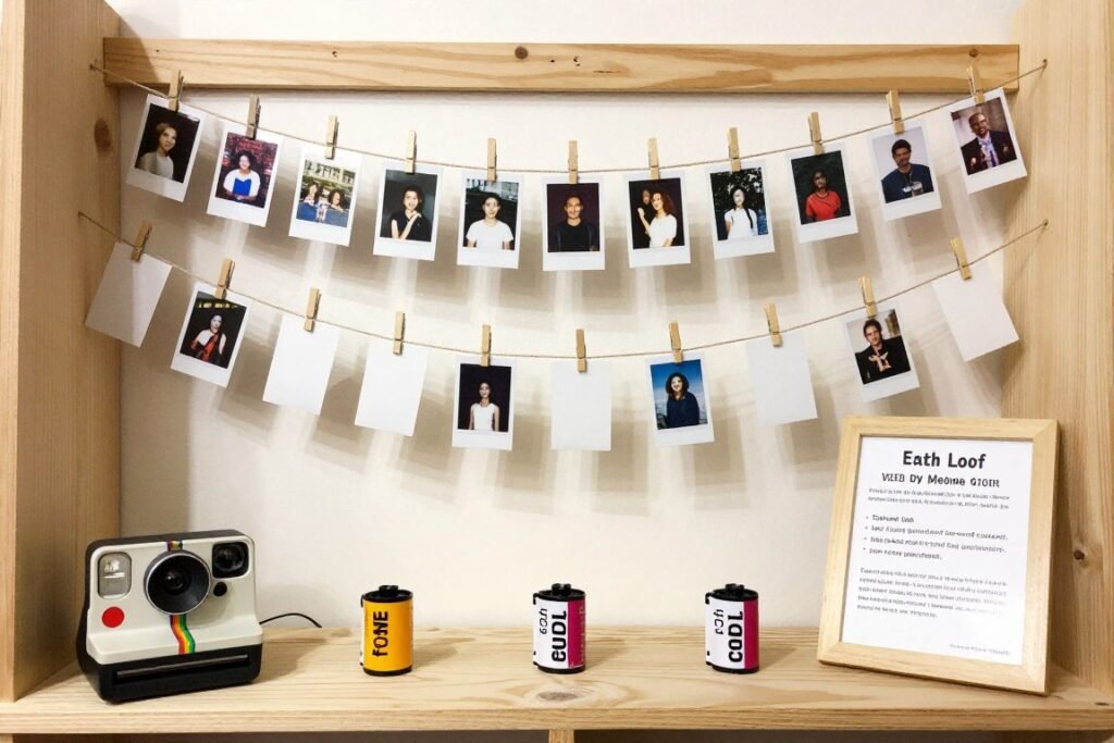 memorial table with polaroid camera and photo display