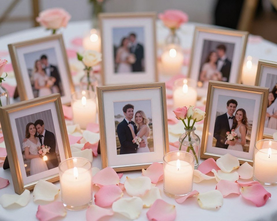 memorial table with rose petals scattered around photos