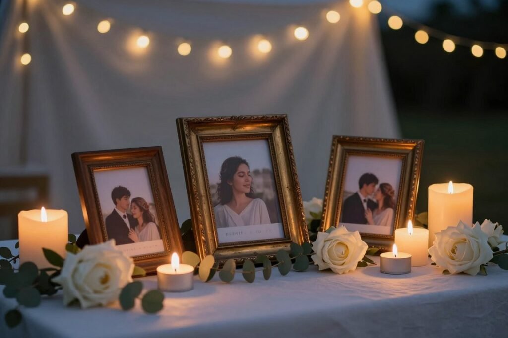 memorial table with soft candlelight and photo frames at twilight