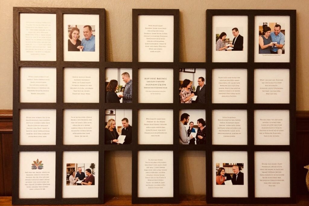 memorial table with story cards and anecdotes