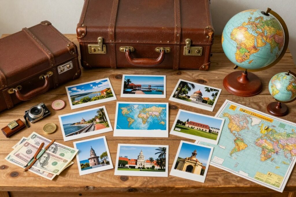memorial table with travel souvenirs and maps