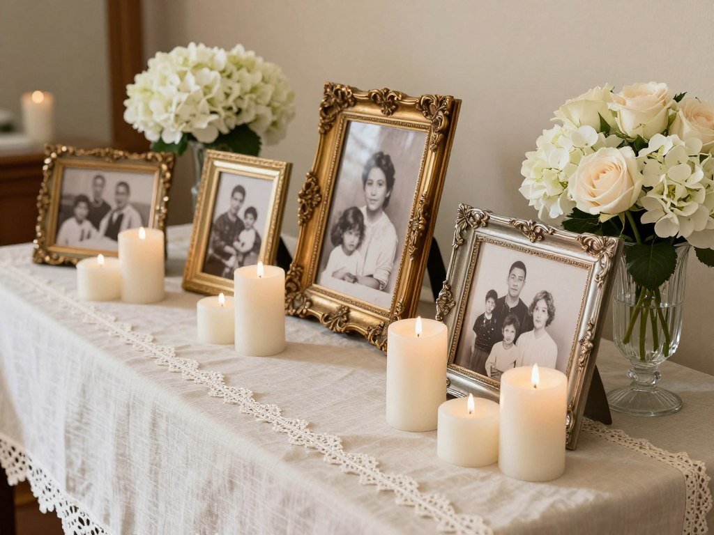 memorial table with vintage frames photos candles and flowers