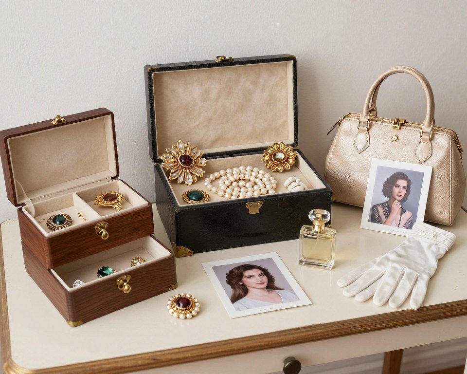 memorial table with vintage jewelry and personal accessories