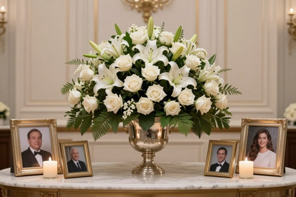 memorial table with white roses and elegant flower arrangement