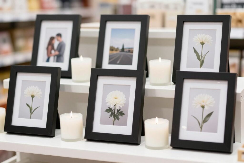 memorial with printed photos in simple frames