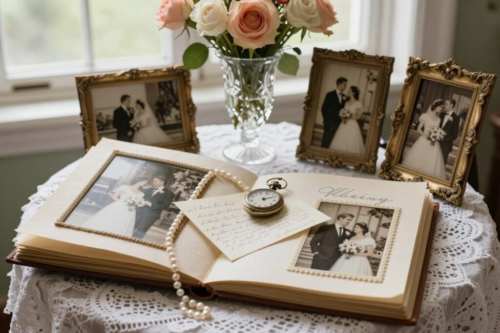 memory table with personal items and photos