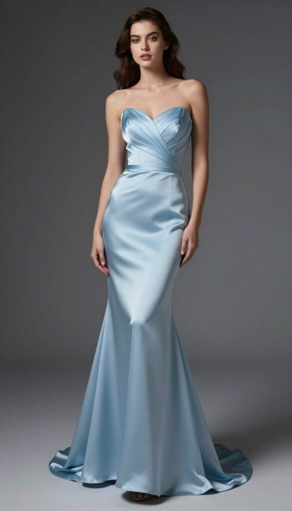 mermaid style light blue bridesmaid dress showing fitted silhouette