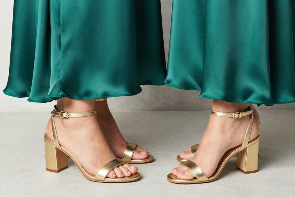 metallic shoes styled with satin dress