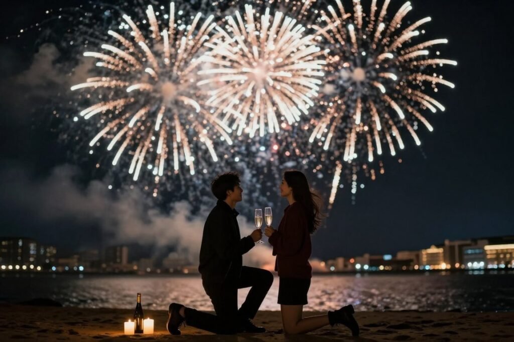 midnight New Years Eve proposal with fireworks
