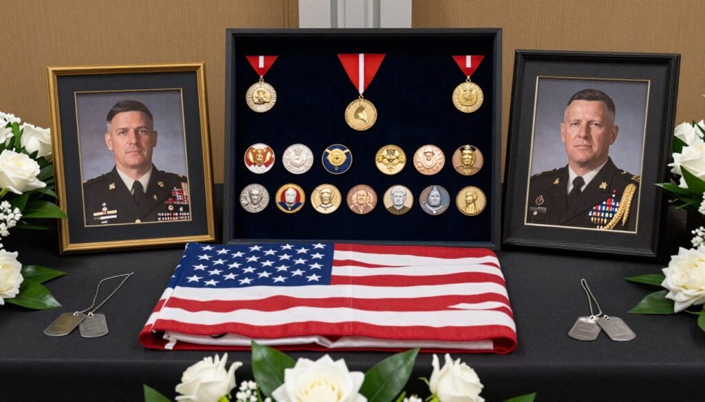 military memorial table with flag medals and uniform items