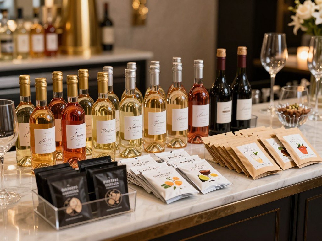 mini wine bottles, coffee packets, and beverage-related wedding favors