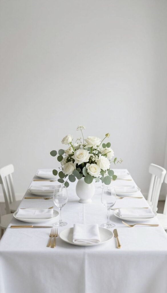 minimalist micro wedding decor with simple elegant white and green color scheme