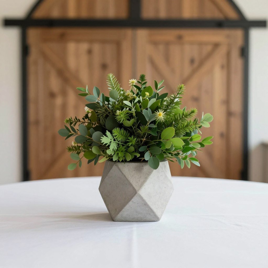 minimalist modern centerpiece for barn wedding reception