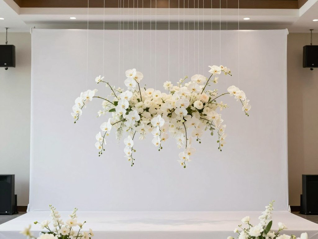minimalist wedding altar with suspended floral installation