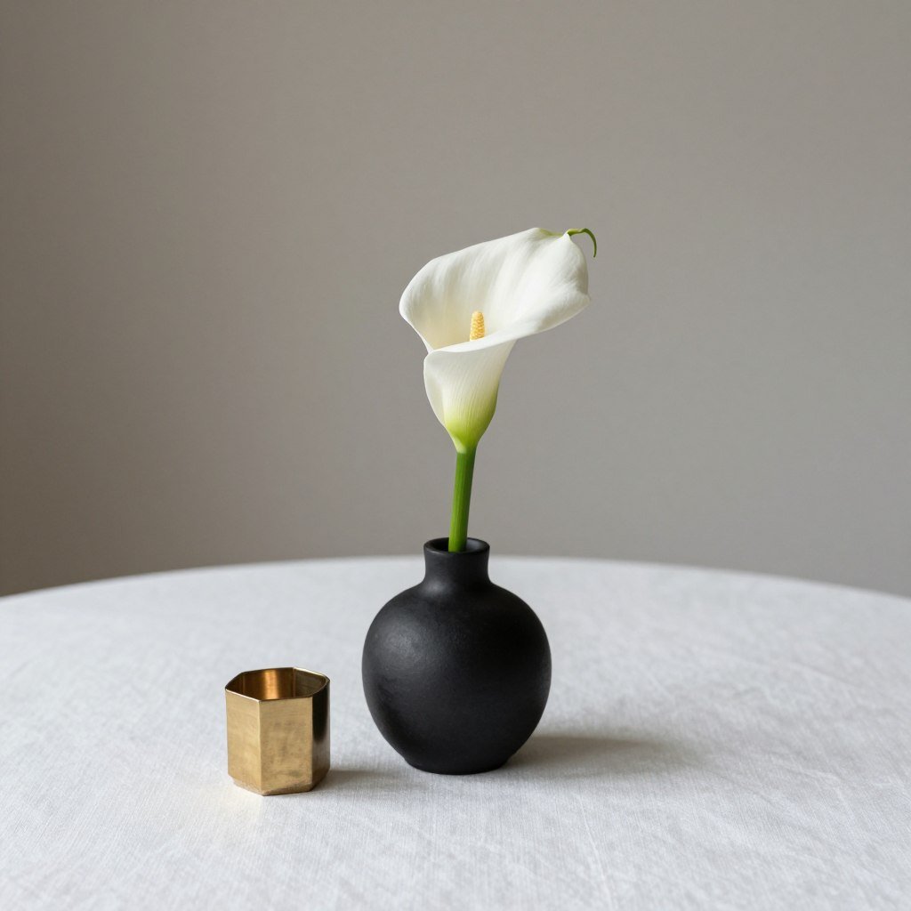 minimalist wedding centerpiece with single bloom and geometric elements