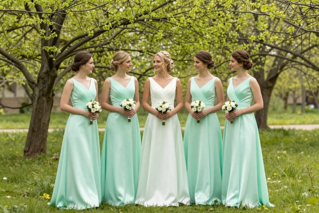 mint green satin bridesmaid dress spring setting