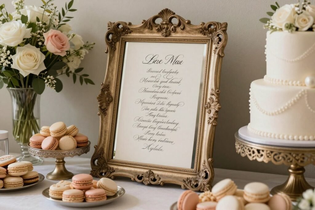 mirror display with wedding desserts and menu sign