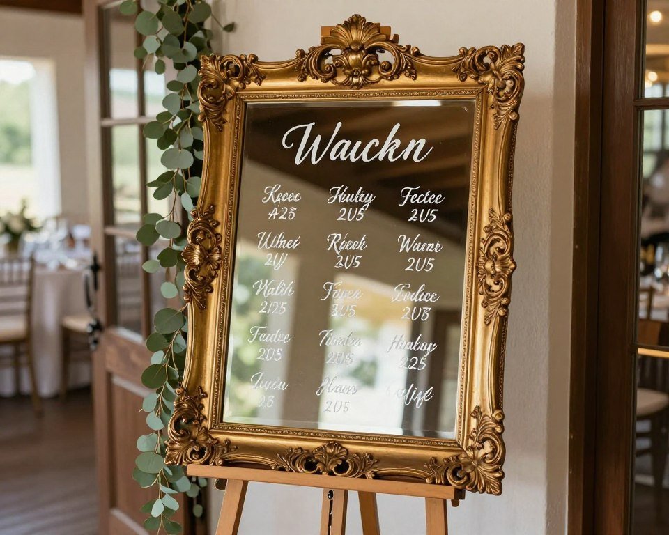 mirror seating chart with white calligraphy for elegant wedding display