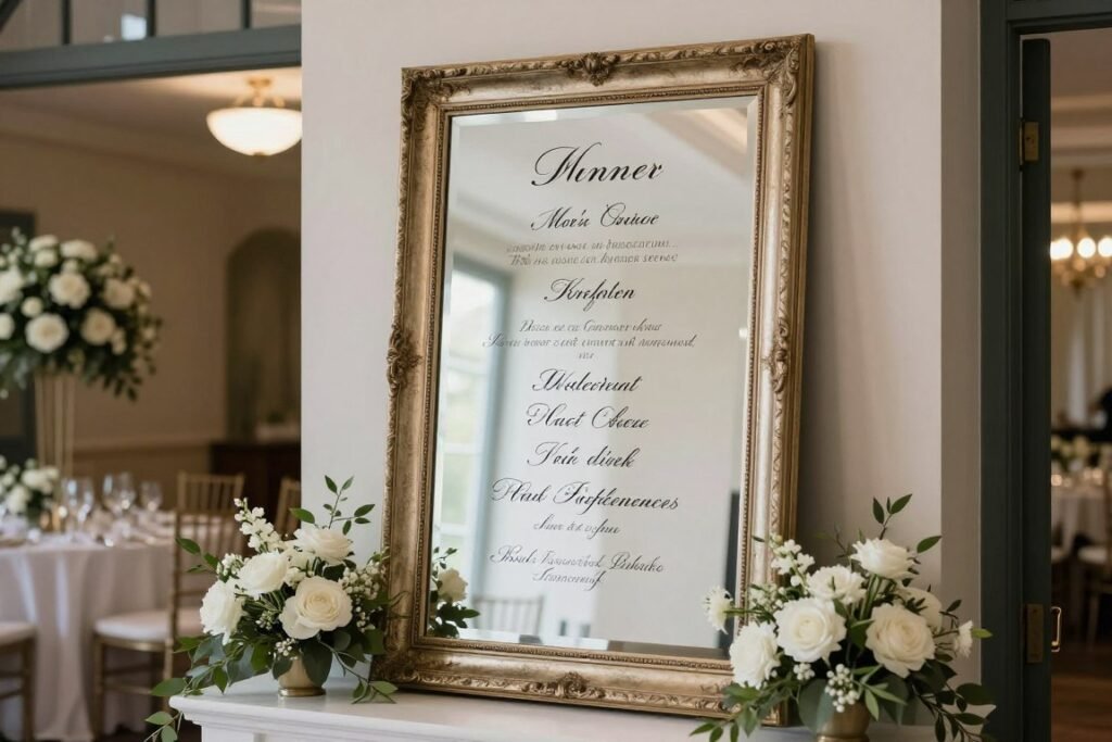 mirror sign displaying wedding dinner menu